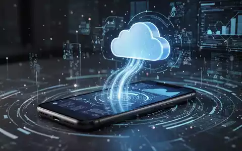 Ein Smartphone, von dem aus Datenpfeile in eine stilisierte Wolke strömen, umgeben von abstrakten digitalen Elementen. - Foto: über boerse-global.de