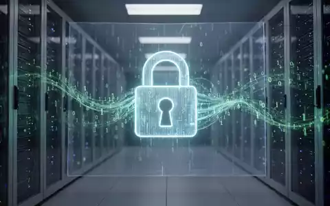 Ein futuristisches, leuchtendes Vorhängeschloss-Symbol mit Binärcode, projiziert auf einen Bildschirm in einem Serverraum, symbolisiert mobile Sicherheit. - Foto: über boerse-global.de