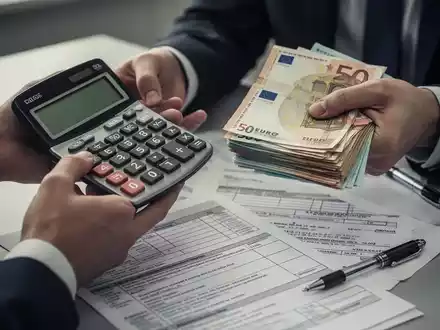 Hände halten einen Taschenrechner und Euro-Banknoten, umgeben von Steuerdokumenten auf einem Schreibtisch. - Foto: über boerse-global.de