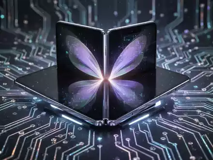 Modernes Samsung Galaxy Z Fold Smartphone, teilweise gefaltet, mit leuchtenden digitalen Elementen und abstrakten Schaltkreismustern. - Foto: über boerse-global.de