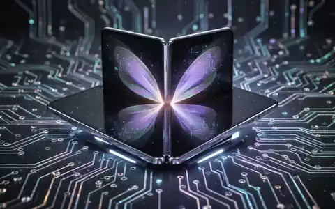 Modernes Samsung Galaxy Z Fold Smartphone, teilweise gefaltet, mit leuchtenden digitalen Elementen und abstrakten Schaltkreismustern. - Foto: über boerse-global.de