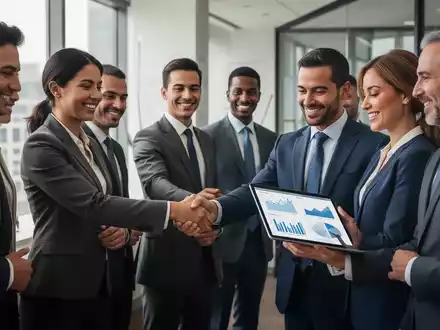Eine Gruppe selbstbewusster Menschen in professionellen und akademischen Umgebungen, die Erfolg und Zusammenarbeit symbolisieren. - Foto: über boerse-global.de