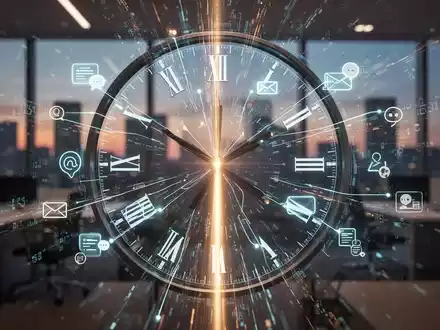 Eine stilisierte Uhr mit digitalen Elementen und Datenströmen, die Zeitmanagement und Informationsfluss symbolisieren. - Foto: über boerse-global.de
