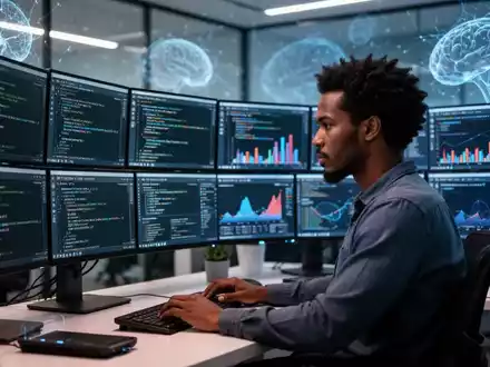 Ein KI-Ingenieur arbeitet in einem modernen Büro, umgeben von mehreren Bildschirmen mit komplexem Code und Daten, die die tägliche Arbeit in der KI-Entwicklung darstellen. - Foto: über boerse-global.de