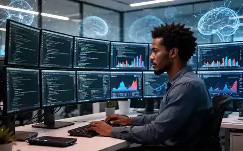 Ein KI-Ingenieur arbeitet in einem modernen Büro, umgeben von mehreren Bildschirmen mit komplexem Code und Daten, die die tägliche Arbeit in der KI-Entwicklung darstellen. - Foto: über boerse-global.de