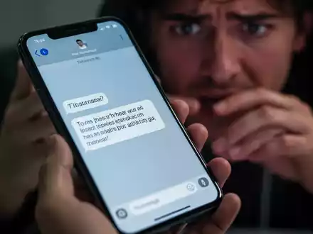 Nahaufnahme eines Smartphone-Bildschirms mit verdächtiger Textnachricht, gehalten von einer Person mit besorgtem Gesichtsausdruck im unscharfen Hintergrund. Fokus auf digitalen Betrug und Spam-Nachrichten. - Foto: über boerse-global.de