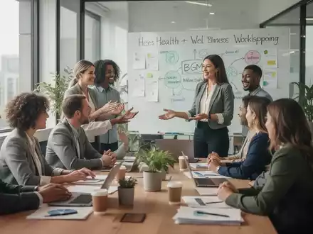 Eine Gruppe von Fachkräften nimmt an einem Workshop zum betrieblichen Gesundheitsmanagement in einem modernen Büro teil. - Foto: über boerse-global.de