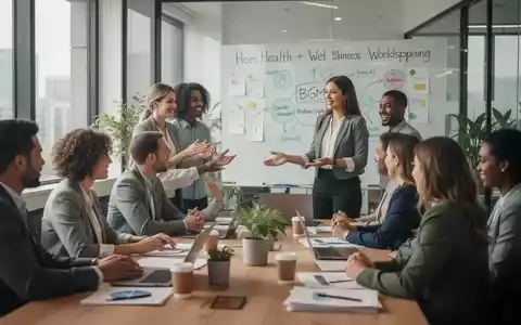 Eine Gruppe von Fachkräften nimmt an einem Workshop zum betrieblichen Gesundheitsmanagement in einem modernen Büro teil. - Foto: über boerse-global.de