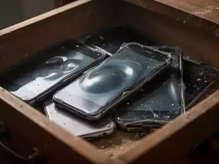 Nahaufnahme mehrerer alter, ungenutzter Smartphones mit leicht aufgeblähten Batterien, lose in einer staubigen Holzschublade liegend. - Foto: über boerse-global.de