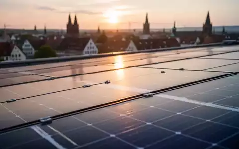 Solarpaneele auf einem Dach mit einer Stadtlandschaft im Hintergrund bei Sonnenuntergang. - Foto: über boerse-global.de