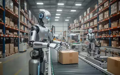 Ein eleganter humanoider Roboter in einem Industrielager, der vorsichtig ein Paket auf ein Förderband zwischen anderen Maschinen legt. - Foto: über boerse-global.de