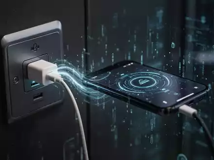 Ein Smartphone, das an eine öffentliche USB-Ladestation angeschlossen ist, mit angedeuteten digitalen Datenströmen, die auf Juice Jacking hindeuten. - Foto: über boerse-global.de