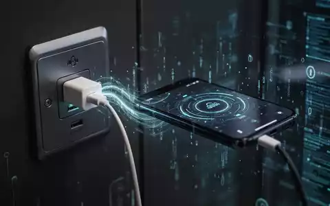 Ein Smartphone, das an eine öffentliche USB-Ladestation angeschlossen ist, mit angedeuteten digitalen Datenströmen, die auf Juice Jacking hindeuten. - Foto: über boerse-global.de