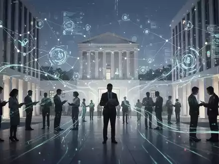 Digitales Netzwerk verbindet Bürger mit Regierungsgebäuden, symbolisiert E-Government und Digitalisierung des öffentlichen Sektors. - Foto: über boerse-global.de
