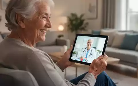 Eine lächelnde ältere Person führt eine Videosprechstunde auf einem Tablet durch, umgeben von einer modernen Wohnkulisse. - Foto: über boerse-global.de