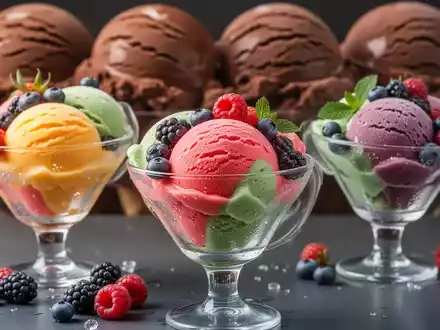Verschiedene bunte, kalorienarme Sorbets und Fruchteissorten in eleganten Gläsern, umgeben von frischen Beeren, mit Schokoladeneis im Hintergrund. - Foto: über boerse-global.de