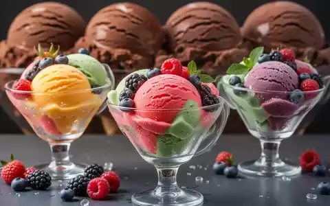 Verschiedene bunte, kalorienarme Sorbets und Fruchteissorten in eleganten Gläsern, umgeben von frischen Beeren, mit Schokoladeneis im Hintergrund. - Foto: über boerse-global.de