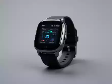 Eine Nahaufnahme einer modernen Smartwatch auf einem minimalistischen grauen Hintergrund, die ihr schlankes Design hervorhebt. - Foto: über boerse-global.de
