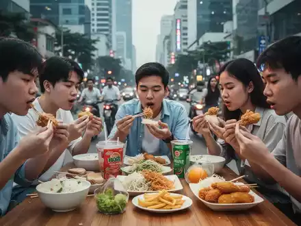 Junge vietnamesische Menschen essen in einer belebten städtischen Umgebung, mit Fokus auf Essgewohnheiten und Lebensstiländerungen. - Foto: über boerse-global.de