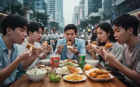 Junge vietnamesische Menschen essen in einer belebten städtischen Umgebung, mit Fokus auf Essgewohnheiten und Lebensstiländerungen. - Foto: über boerse-global.de