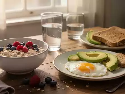 Ein ansprechend gedeckter Frühstückstisch mit gesunden Speisen wie Haferflocken mit Beeren, Eiern, Avocado und Vollkorntoast in hellem Morgenlicht. - Foto: über boerse-global.de