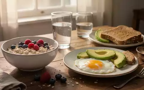 Ein ansprechend gedeckter Frühstückstisch mit gesunden Speisen wie Haferflocken mit Beeren, Eiern, Avocado und Vollkorntoast in hellem Morgenlicht. - Foto: über boerse-global.de