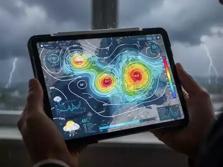 Eine Hand hält ein Tablet mit einer Wetterkarte und biomedizinischen Daten, im Hintergrund ein stürmischer Himmel. - Foto: über boerse-global.de