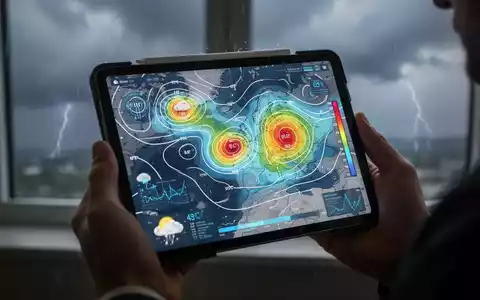 Eine Hand hält ein Tablet mit einer Wetterkarte und biomedizinischen Daten, im Hintergrund ein stürmischer Himmel. - Foto: über boerse-global.de