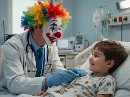 Ein Clown-Doktor mit roter Nase und bunter Kleidung interagiert sanft mit einem lächelnden Kind im Krankenhaus. - Foto: über boerse-global.de