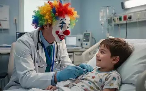 Ein Clown-Doktor mit roter Nase und bunter Kleidung interagiert sanft mit einem lächelnden Kind im Krankenhaus. - Foto: über boerse-global.de