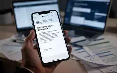 Eine Nahaufnahme einer Hand, die ein Smartphone mit einer gefĂ€lschten behördlichen E-Mail hĂ€lt. - Foto: ĂŒber boerse-global.de