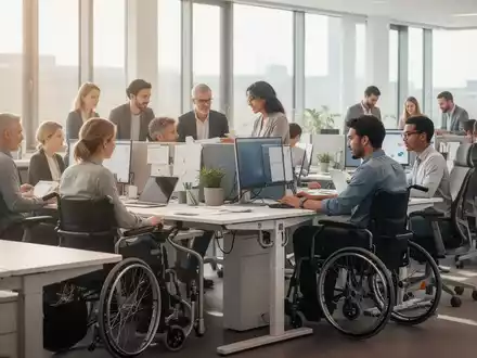 Eine vielfältige Gruppe von Büromitarbeitern, einige mit sichtbaren Behinderungen, arbeiten an ergonomischen Arbeitsplätzen. - Foto: über boerse-global.de