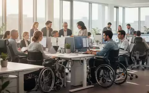 Eine vielfältige Gruppe von Büromitarbeitern, einige mit sichtbaren Behinderungen, arbeiten an ergonomischen Arbeitsplätzen. - Foto: über boerse-global.de