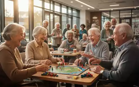 Ältere Menschen lachen und unterhalten sich in einem modernen Gemeinschaftszentrum, spielen Brettspiele und genießen soziale Interaktion. - Foto: über boerse-global.de