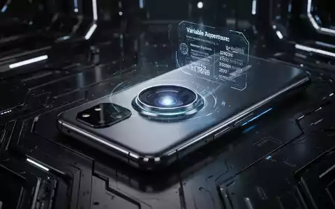 Nahaufnahme eines eleganten, futuristischen Smartphones mit hervorgehobener Kameralinse und leuchtender, variabler Blende. Holografische Daten schweben darum. - Foto: über boerse-global.de