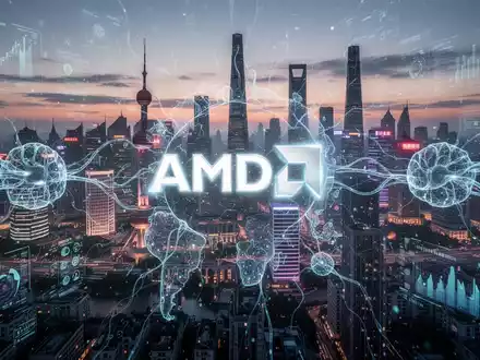 Stilisiertes AMD-Logo mit leuchtenden Linien vor futuristischer Shanghai-Skyline bei Dämmerung, die globale KI-Marktintegration zeigt. - Foto: über boerse-global.de
