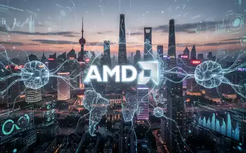 Stilisiertes AMD-Logo mit leuchtenden Linien vor futuristischer Shanghai-Skyline bei Dämmerung, die globale KI-Marktintegration zeigt. - Foto: über boerse-global.de