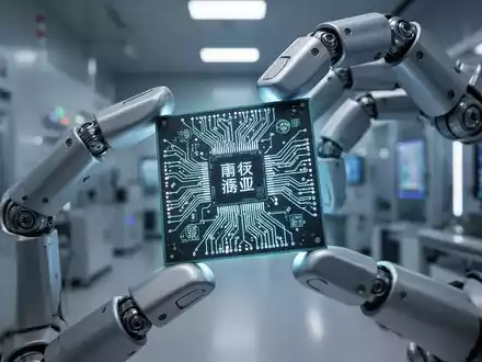 Nahaufnahme eines fortschrittlichen KI-Chips mit leuchtenden Schaltkreisen, gehalten von Roboterfingern in einem Hightech-Labor. - Foto: über boerse-global.de