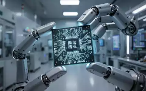 Nahaufnahme eines fortschrittlichen KI-Chips mit leuchtenden Schaltkreisen, gehalten von Roboterfingern in einem Hightech-Labor. - Foto: über boerse-global.de