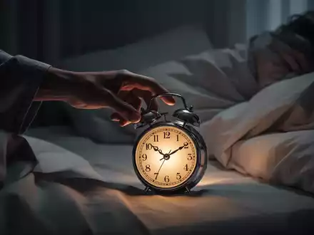 Eine Hand greift in einem dunklen Schlafzimmer nach einem leuchtenden Wecker, der gestörten Schlaf und die Zeit symbolisiert. - Foto: über boerse-global.de