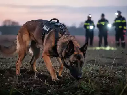 Ein Polizeihund (Malinois) schnüffelt konzentriert am Boden in einem Feld während einer Suchaktion im Morgengrauen. - Foto: über boerse-global.de