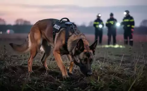 Ein Polizeihund (Malinois) schnüffelt konzentriert am Boden in einem Feld während einer Suchaktion im Morgengrauen. - Foto: über boerse-global.de