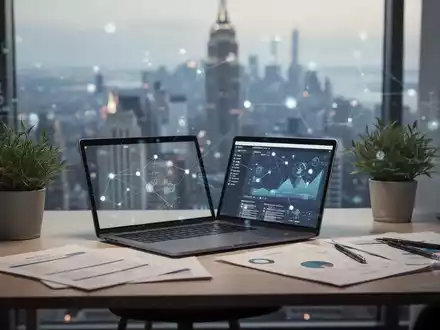 Ein modernes Homeoffice mit Laptop auf einem Schreibtisch und einer verschwommenen Stadtlandschaft im Hintergrund. - Foto: über boerse-global.de