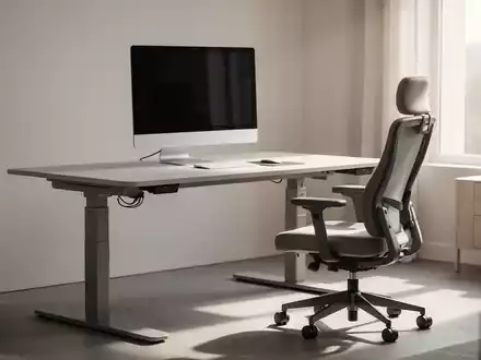 Ein modernes, minimalistisches Homeoffice mit höhenverstellbarem Schreibtisch, Monitor und ergonomischem Bürostuhl in natürlichem Licht. - Foto: über boerse-global.de