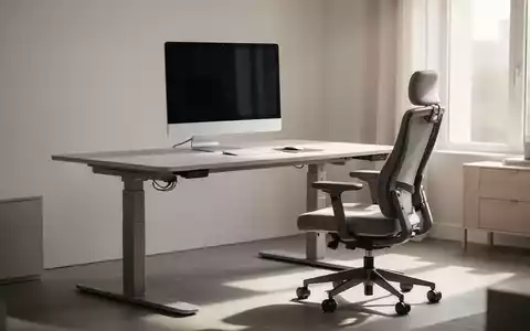 Ein modernes, minimalistisches Homeoffice mit höhenverstellbarem Schreibtisch, Monitor und ergonomischem Bürostuhl in natürlichem Licht. - Foto: über boerse-global.de