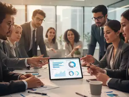 Geschäftsleute diskutieren Umfrageergebnisse auf einem Tablet, symbolisch für Mitarbeiterbefragungen und Feedback-Schulungen. - Foto: über boerse-global.de