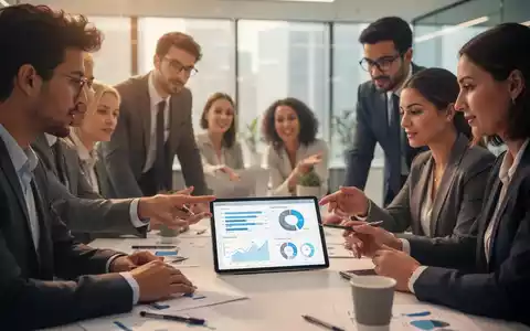 Geschäftsleute diskutieren Umfrageergebnisse auf einem Tablet, symbolisch für Mitarbeiterbefragungen und Feedback-Schulungen. - Foto: über boerse-global.de