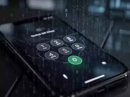 Nahaufnahme eines gesperrten iPhone-Bildschirms mit Passcode-Eingabe, dezenter digitaler Code-Überlagerung und unscharfem High-Tech-Hintergrund. - Foto: über boerse-global.de