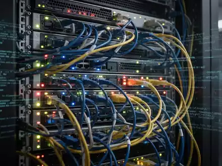 Nahaufnahme eines Serverracks mit blinkenden Lichtern und verworrenen Netzwerkkabeln, Symbol für IT-Infrastruktur-Herausforderungen. - Foto: über boerse-global.de