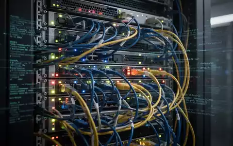 Nahaufnahme eines Serverracks mit blinkenden Lichtern und verworrenen Netzwerkkabeln, Symbol für IT-Infrastruktur-Herausforderungen. - Foto: über boerse-global.de